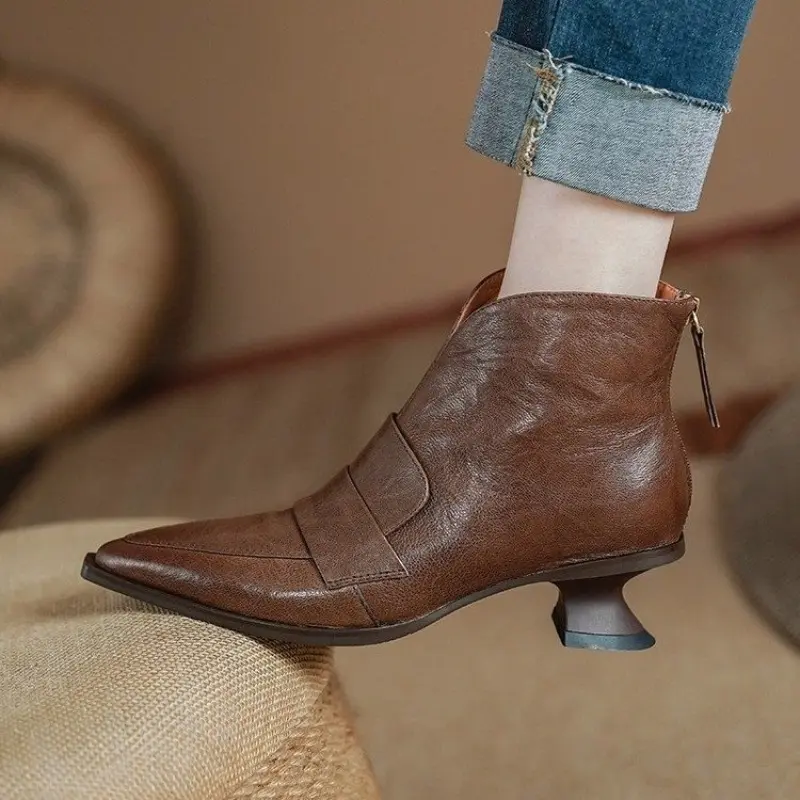 Alien Folkel Boots Women's Fashion Pointed Toe Paneled Rear Zipper Anti-Slip Wear-Resistant Booties
