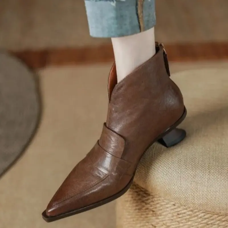 Alien Folkel Boots Women's Fashion Pointed Toe Paneled Rear Zipper Anti-Slip Wear-Resistant Booties