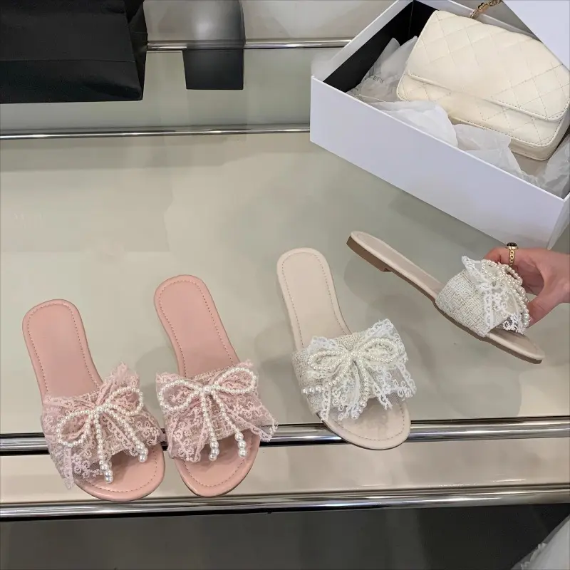 Flat Flip-Flops Women's Summer New Round Toe Open Toe Cloth Face Lace Cloth Face Beaded Bow Soft Sole Non-Slip Sandals