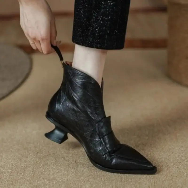 Alien Folkel Boots Women's Fashion Pointed Toe Paneled Rear Zipper Anti-Slip Wear-Resistant Booties