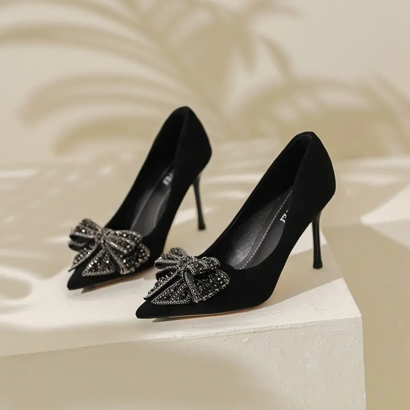 Women's Fashion High Heels Pointed Toe Shallow Mouth Beaded Butterfly Knot Temperament Slip-on Shoes