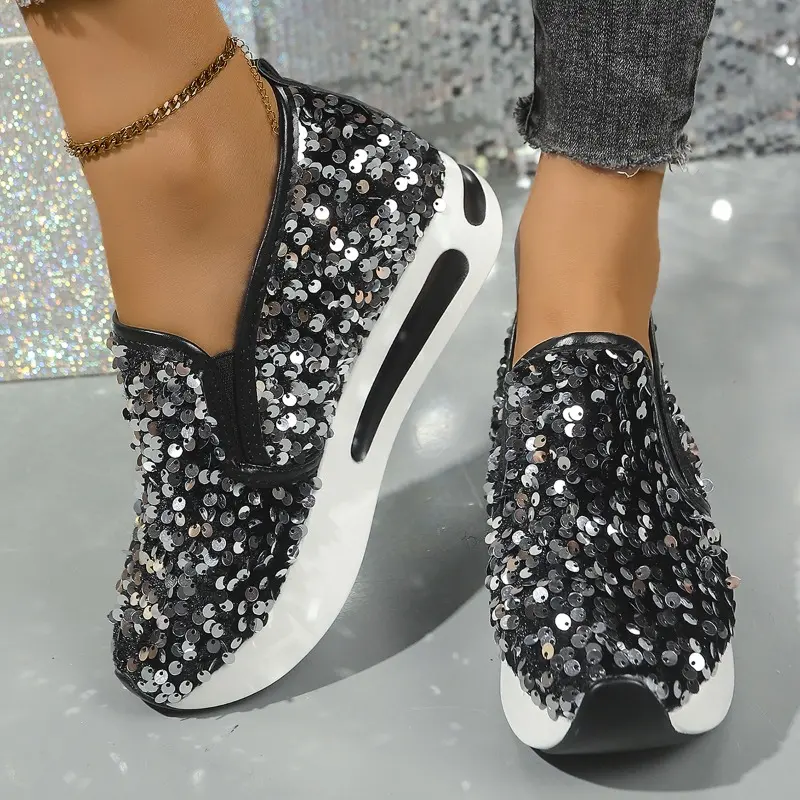 Women's Casual Sports Shoes Autumn New Round Head Deep Mouth Sequin Cloth Thick Soles Non-slip Low-top Shoes