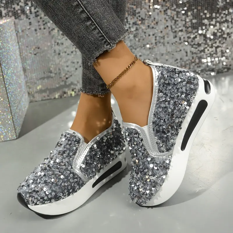 Women's Casual Sports Shoes Autumn New Round Head Deep Mouth Sequin Cloth Thick Soles Non-slip Low-top Shoes