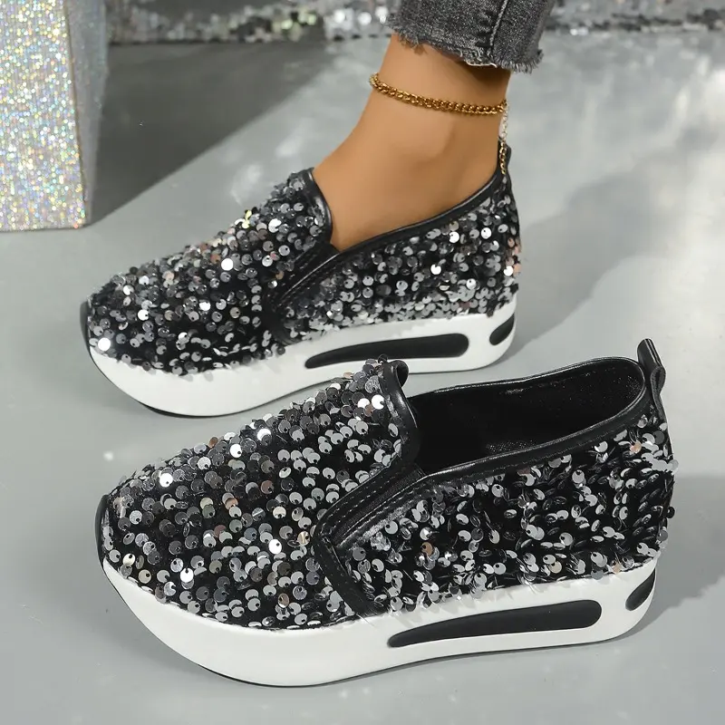 Women's Casual Sports Shoes Autumn New Round Head Deep Mouth Sequin Cloth Thick Soles Non-slip Low-top Shoes