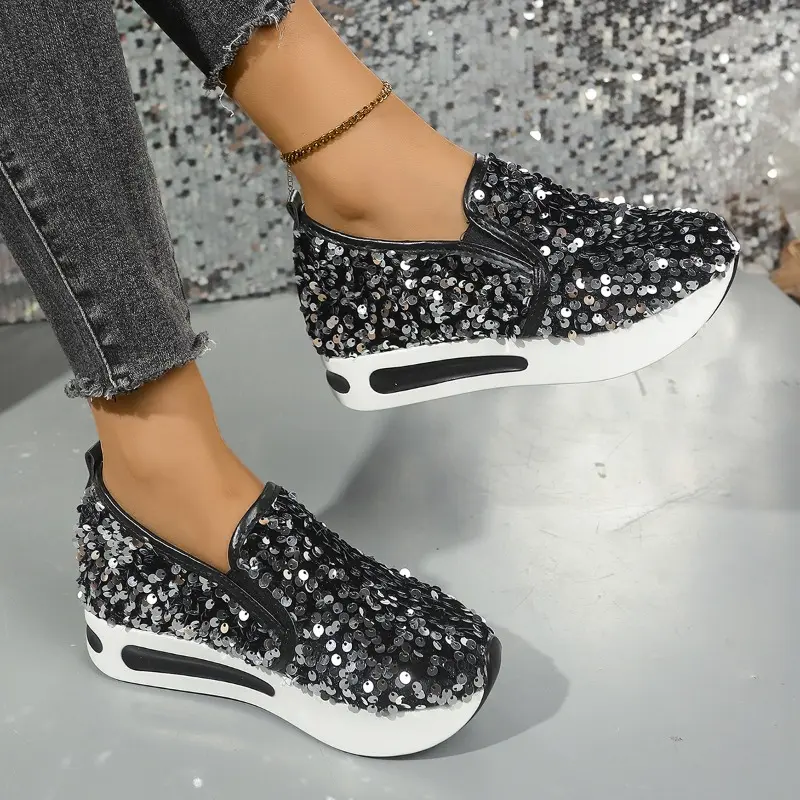 Women's Casual Sports Shoes Autumn New Round Head Deep Mouth Sequin Cloth Thick Soles Non-slip Low-top Shoes