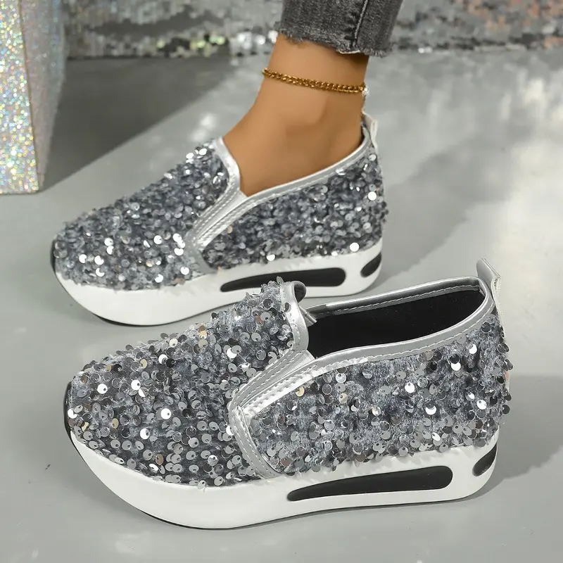 Women's Casual Sports Shoes Autumn New Round Head Deep Mouth Sequin Cloth Thick Soles Non-slip Low-top Shoes