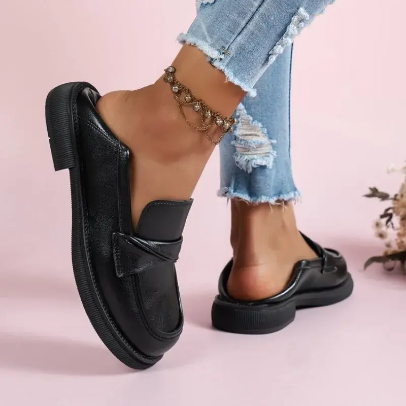 Spring New Coarse Heel Shoes Women Fashion Round Head Deep Mouth Metal Chain Soft Sole Non-slip Low Top Shoes