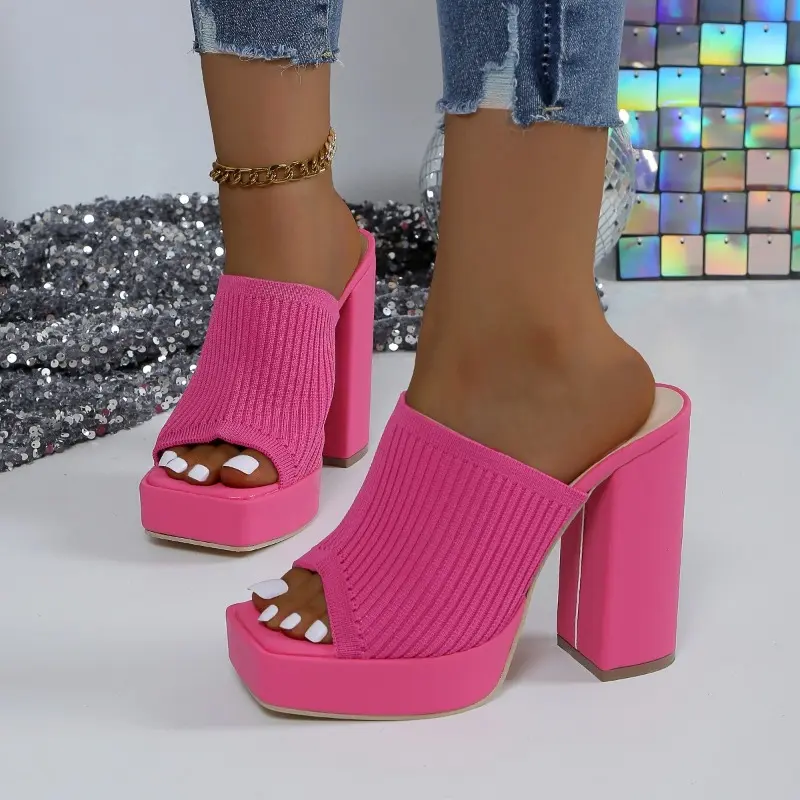Waterproof Platform High Heels Summer New Square Head Shallow Mouth Mesh Cloth Breathable Anti-slip Wear-resistant Slippers