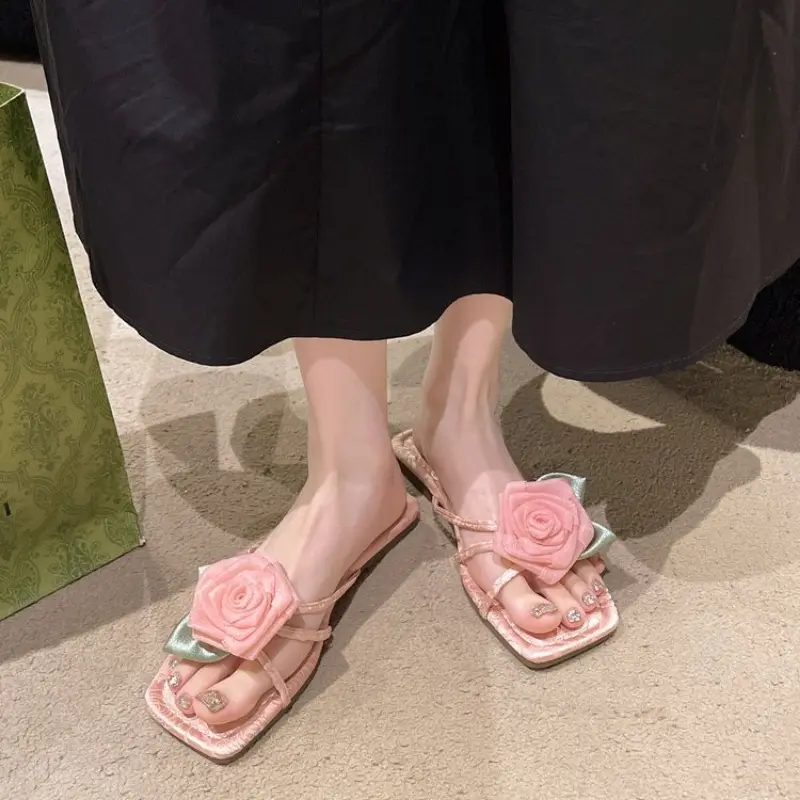Flat Slippers Summer New Square Head Thin with Flower Women's Shoes Light Non-slip Sandals