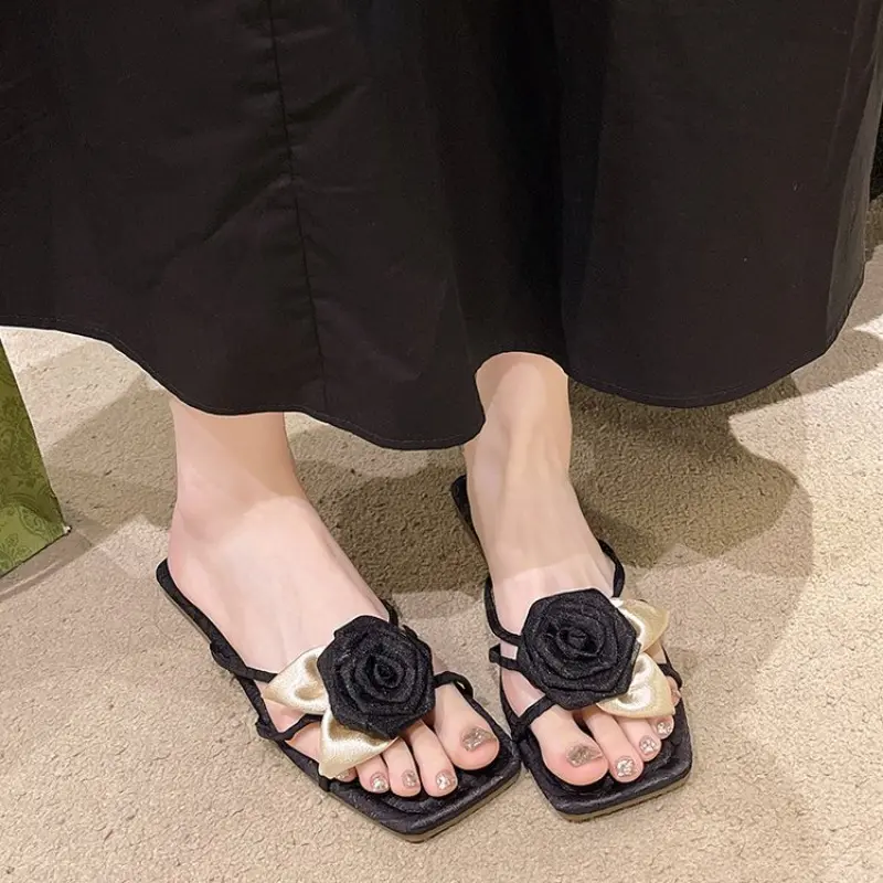 Flat Slippers Summer New Square Head Thin with Flower Women's Shoes Light Non-slip Sandals