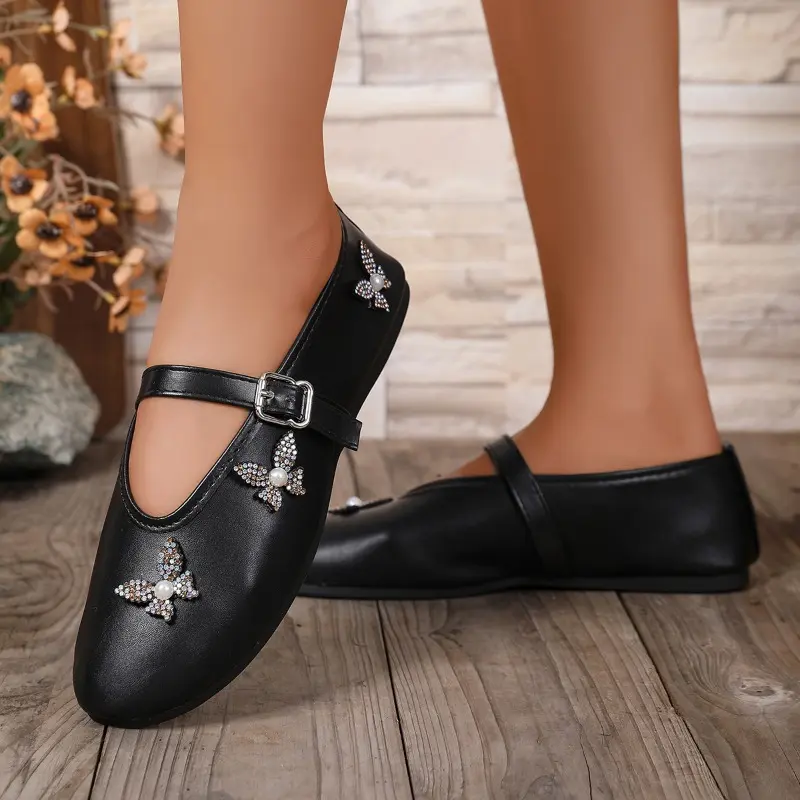 Flat Shoes Autumn New Round Toe Shallow Mouth Rhinestone Butterfly One Word Buckle Soft Sole Non-slip Single Shoes