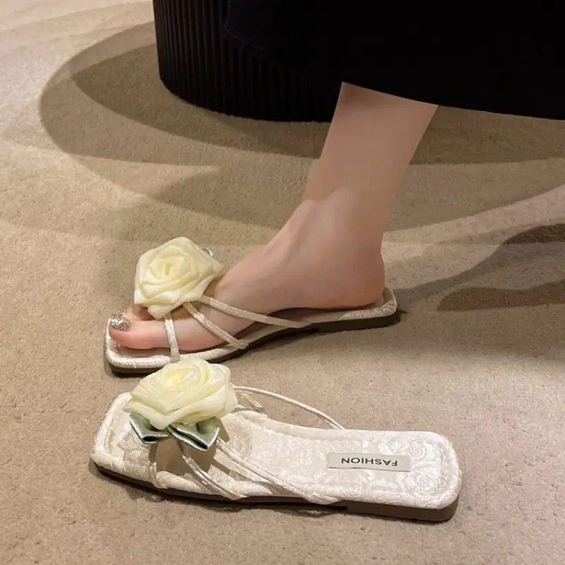 Flat Slippers Summer New Square Head Thin with Flower Women's Shoes Light Non-slip Sandals