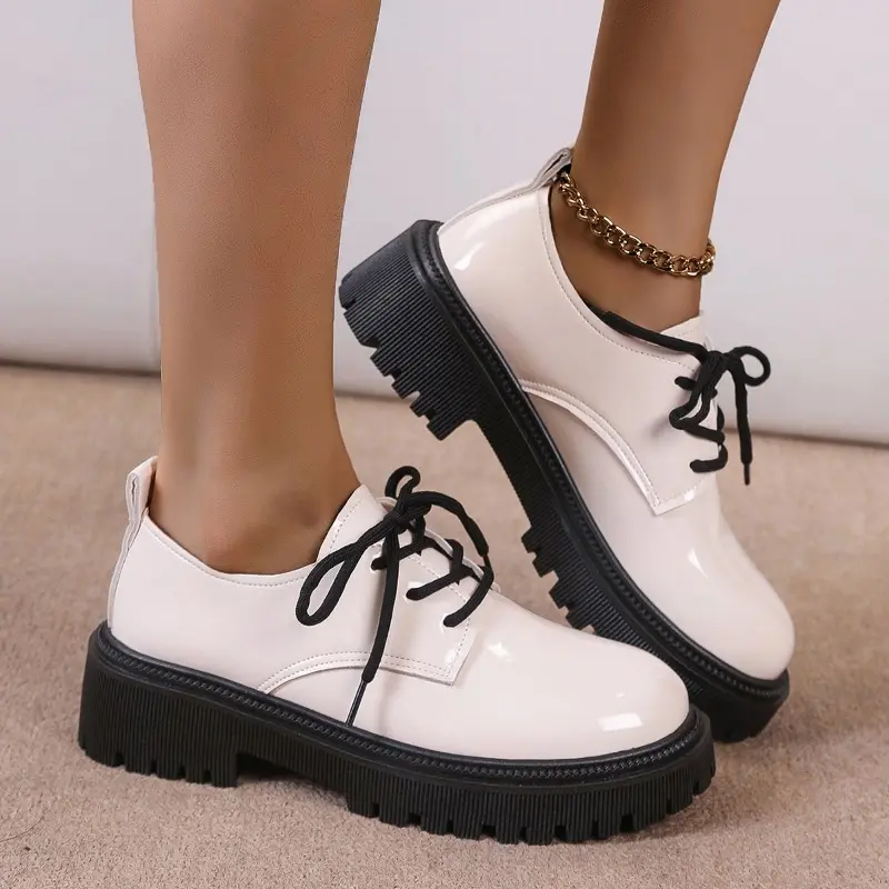 Women's Thick Heel Shoes Autumn New Round Head Deep Mouth Front Lacing After Zipper Thick Sole Non-slip Low Top Shoes