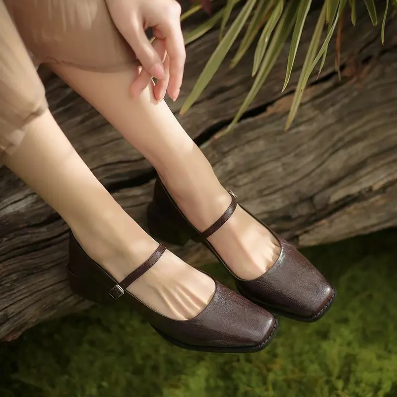 Women's Coarse Heel Shoes Autumn New Square Head Shallow Mouth Soft Sole Anti-slip Wear-resistant Low-top Shoes