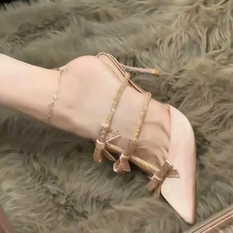Summer Baotou Slippers Women's Fashion Pointy Shallow Cut Hollow-out Sequin Butterfly Knot Foot Non-slip Heels