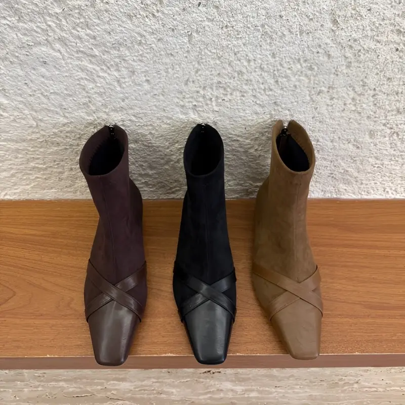 Low Heel Booties Autumn New Square Toe Spliced Flannelette Rear Zipper Soft Sole Anti-Slip Wear-Resistant Single Boots