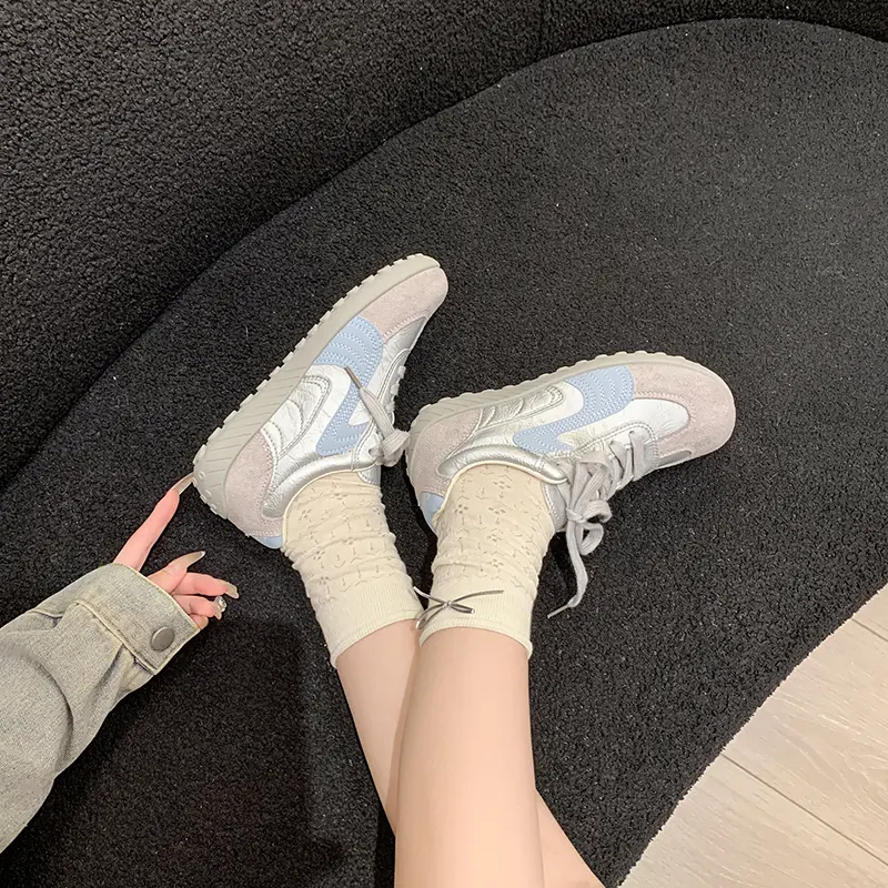 Casual Sneakers Autumn New Round Toe Colorblock Front Lace-Up Soft Sole Non-Slip Wear-Resistant Flat Single Shoes