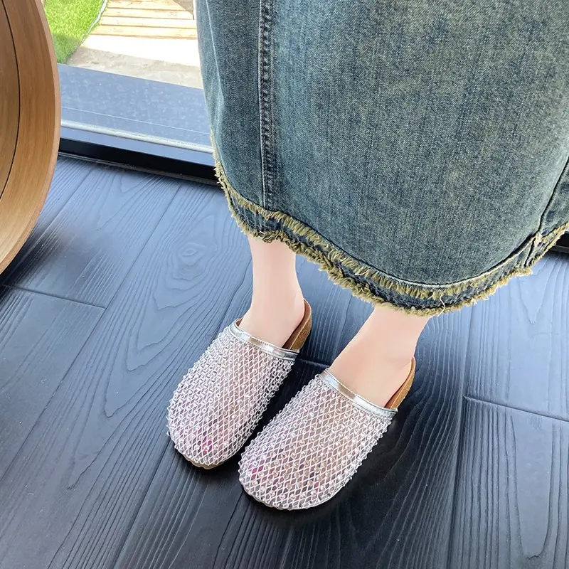 Platform Baotou Cool Slippers for Women in Summer Wear New Round-toe Feng Rhinestone Mesh Slip-on Non-slip Flat Shoes