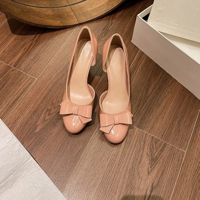 Bow High Heels Summer New Round Toe Shallow Mouth Cover Foot Temperament High-grade Non-tiring Foot Women's Shoes