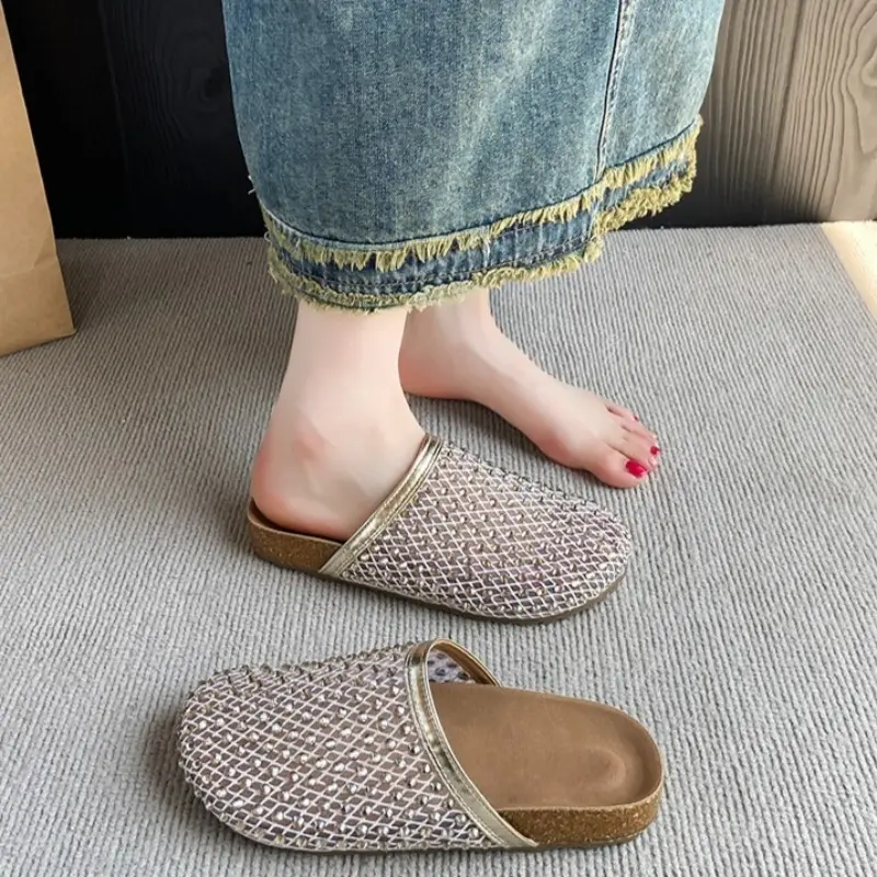 Platform Baotou Cool Slippers for Women in Summer Wear New Round-toe Feng Rhinestone Mesh Slip-on Non-slip Flat Shoes