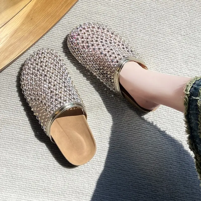 Platform Baotou Cool Slippers for Women in Summer Wear New Round-toe Feng Rhinestone Mesh Slip-on Non-slip Flat Shoes