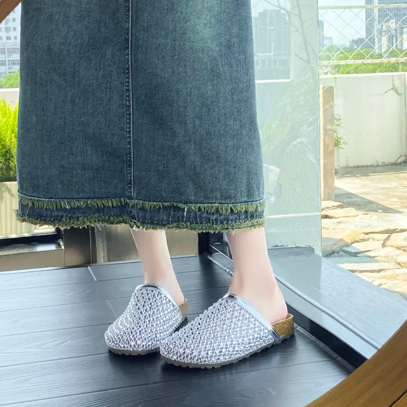 Platform Baotou Cool Slippers for Women in Summer Wear New Round-toe Feng Rhinestone Mesh Slip-on Non-slip Flat Shoes