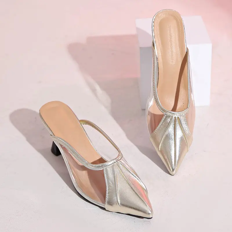 Spliced Transparent Pointed Toe Thin Heel Baotou Slippers for Women's New Fashion Wear Baotou Slip-on High Heels