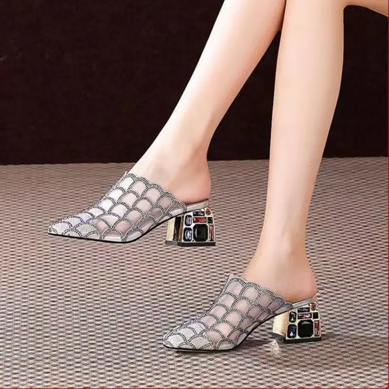 Baotou Crystal Square Heel Sandals Summer New Pointed Head Deep Mouth Mesh Cloth Breathable Non-slip Heel Shoes