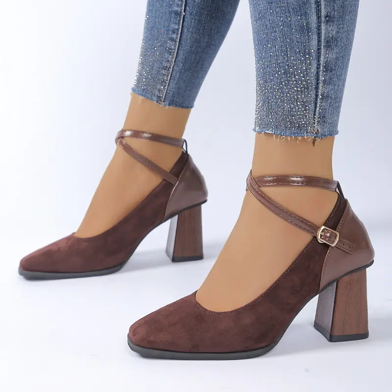Block Heel Single Shoes Women's Fashion Square Toe Shallow Suede Crossover Thin Strap One Buckle Non-Slip Heels