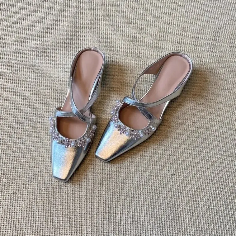 New French-style Pearl Cross-strap Baotou Half Slippers Square Toe Shallow Mouth Heightened Temperament Sandals and Slippers