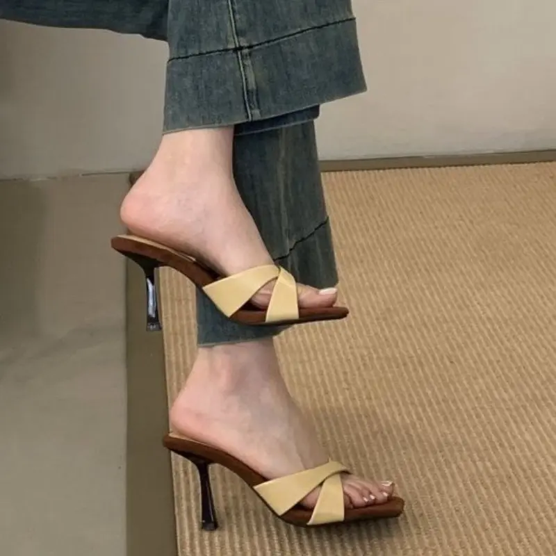 Simple Temperament Open Toe Stiletto Slip Slippers Women Xia Square Head Cross Strap Anti-slip Wear-resistant Slippers