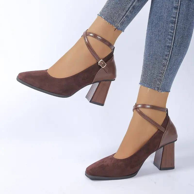 Block Heel Single Shoes Women's Fashion Square Toe Shallow Suede Crossover Thin Strap One Buckle Non-Slip Heels