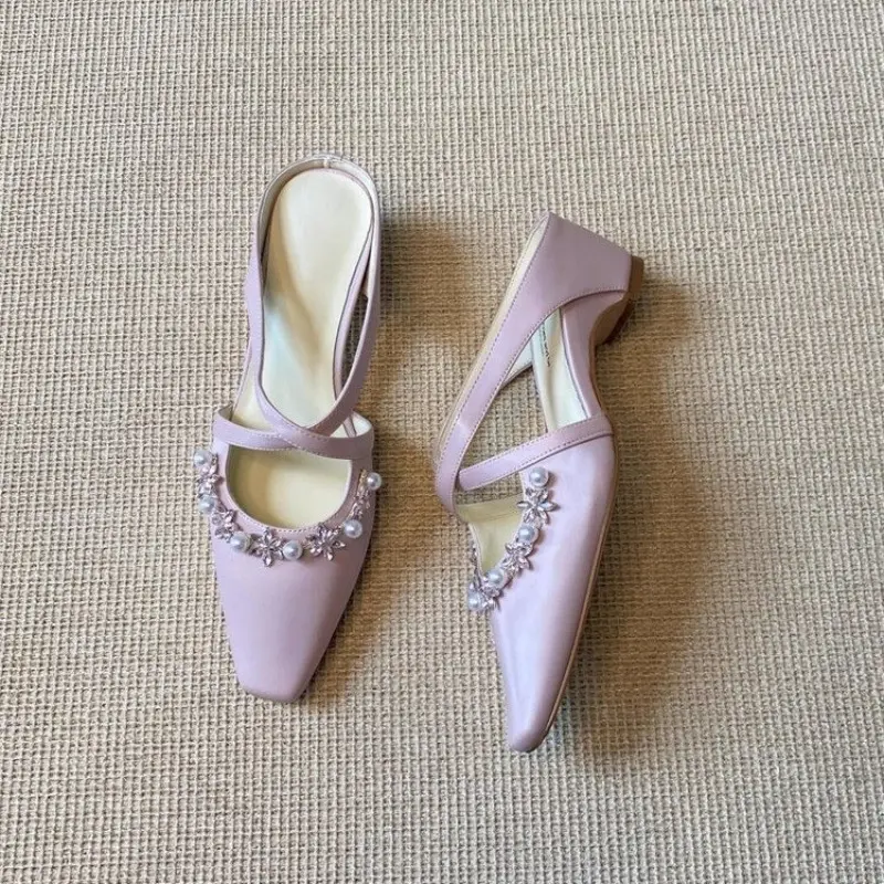 New French-style Pearl Cross-strap Baotou Half Slippers Square Toe Shallow Mouth Heightened Temperament Sandals and Slippers