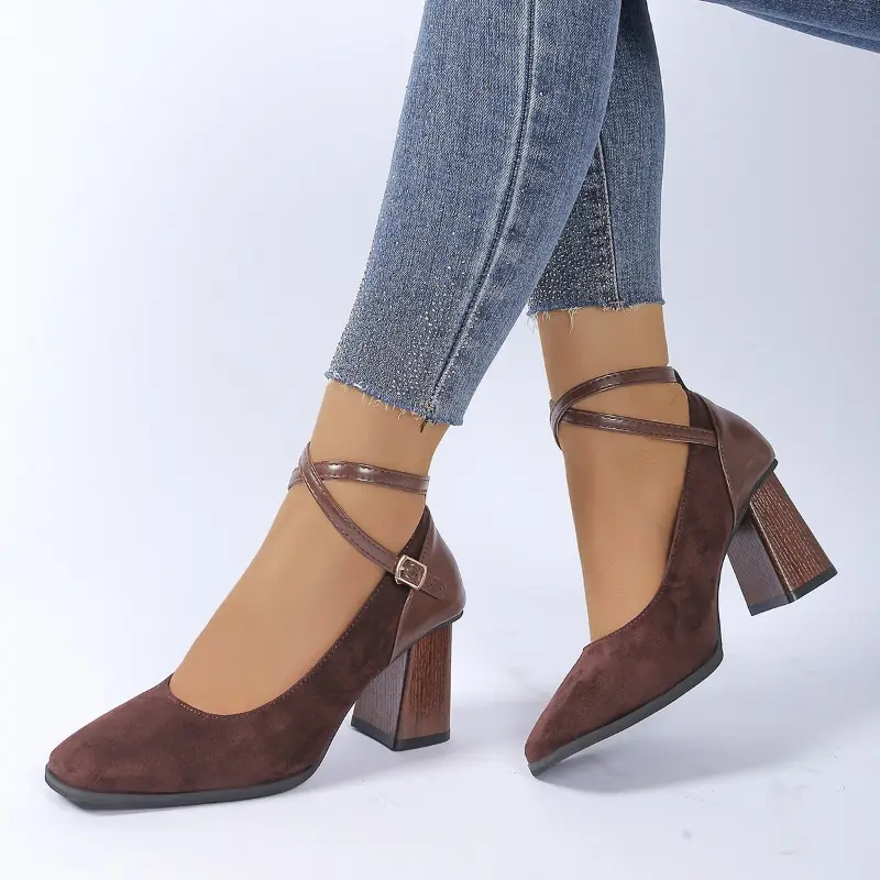 Block Heel Single Shoes Women's Fashion Square Toe Shallow Suede Crossover Thin Strap One Buckle Non-Slip Heels