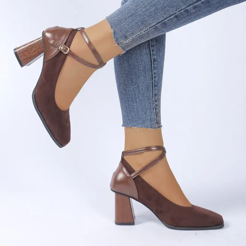 Block Heel Single Shoes Women's Fashion Square Toe Shallow Suede Crossover Thin Strap One Buckle Non-Slip Heels