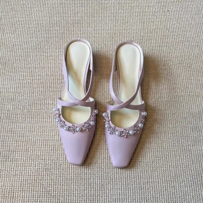 New French-style Pearl Cross-strap Baotou Half Slippers Square Toe Shallow Mouth Heightened Temperament Sandals and Slippers
