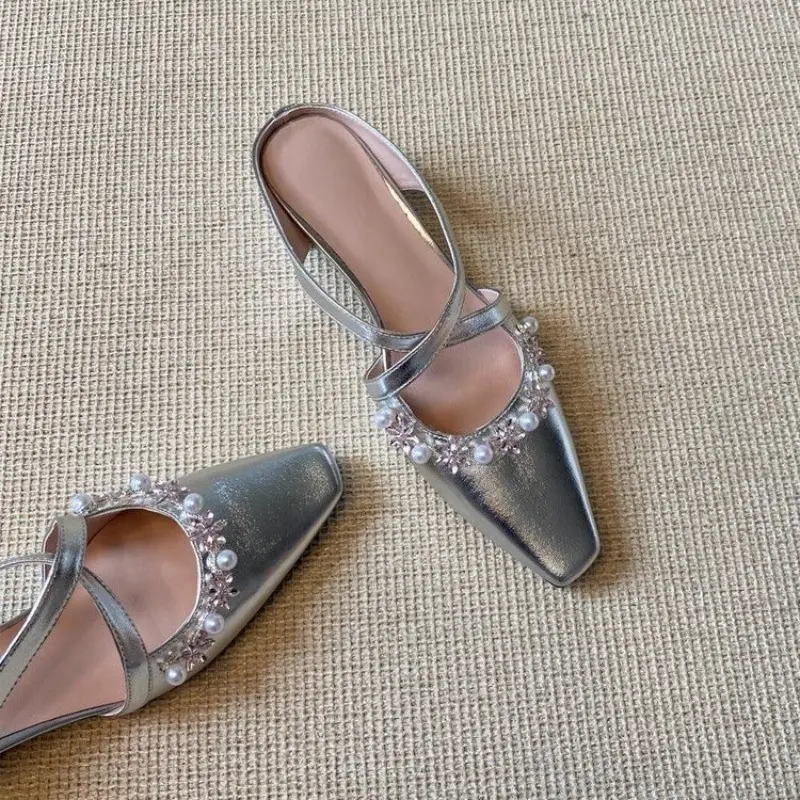 New French-style Pearl Cross-strap Baotou Half Slippers Square Toe Shallow Mouth Heightened Temperament Sandals and Slippers