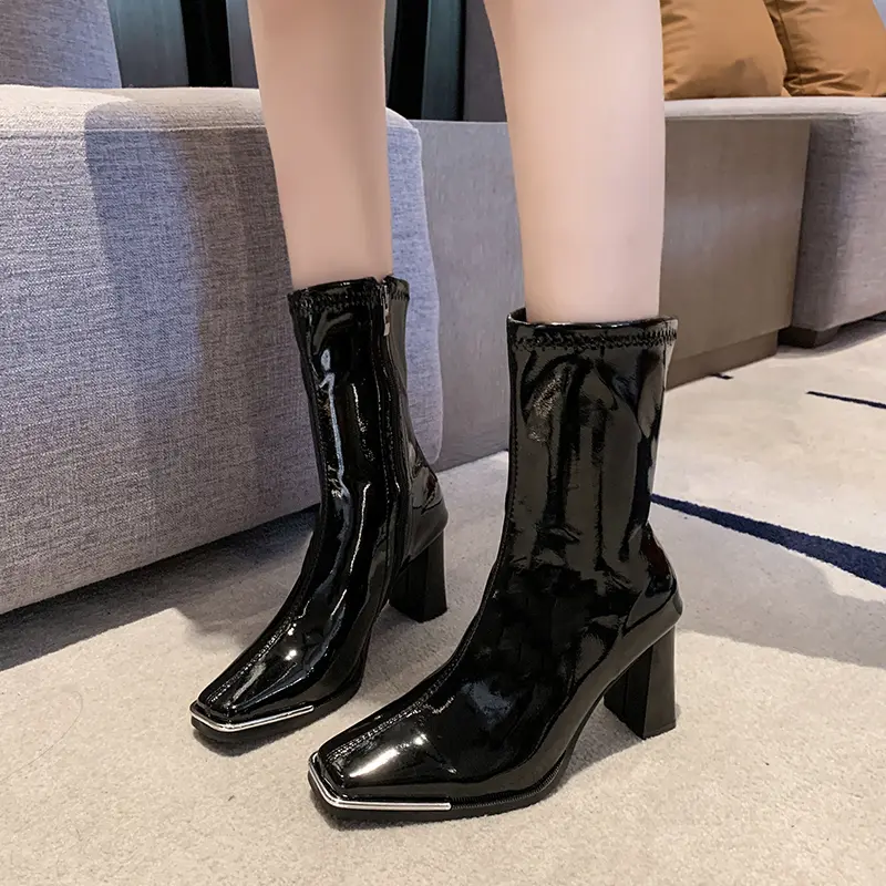 Women's Chunky Single Boots Spring New Metal Square Head Side Zipper Anti-slip Wear-resistant Mid-calf Boots