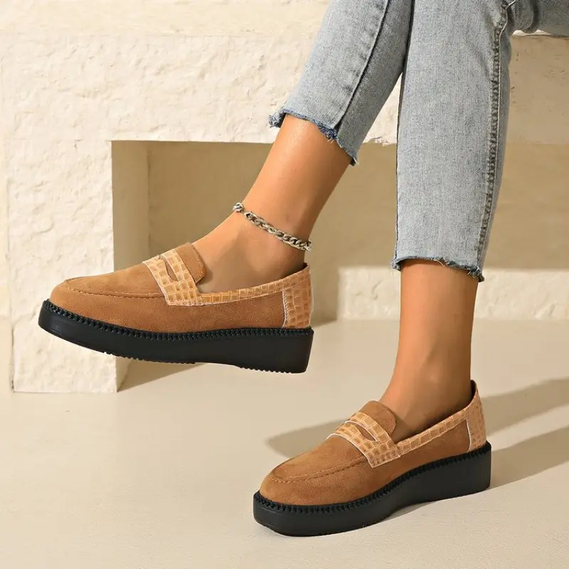 Fall new slope heel shoes women's round head suede splicing thick sole anti-slip wear-resistant low-top shoes