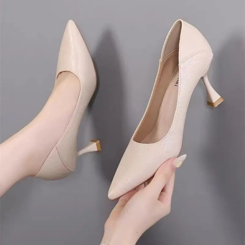 Women's Fashion Slim Heel Shoes Fall New Pointy Toe Shallow Mouth A Slip-on Temperament High Heel Low Top Shoes