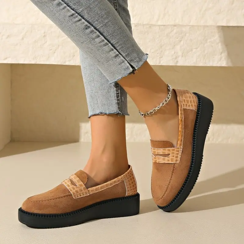 Fall new slope heel shoes women's round head suede splicing thick sole anti-slip wear-resistant low-top shoes
