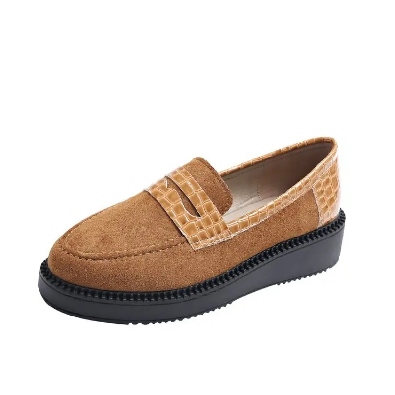 Fall new slope heel shoes women's round head suede splicing thick sole anti-slip wear-resistant low-top shoes