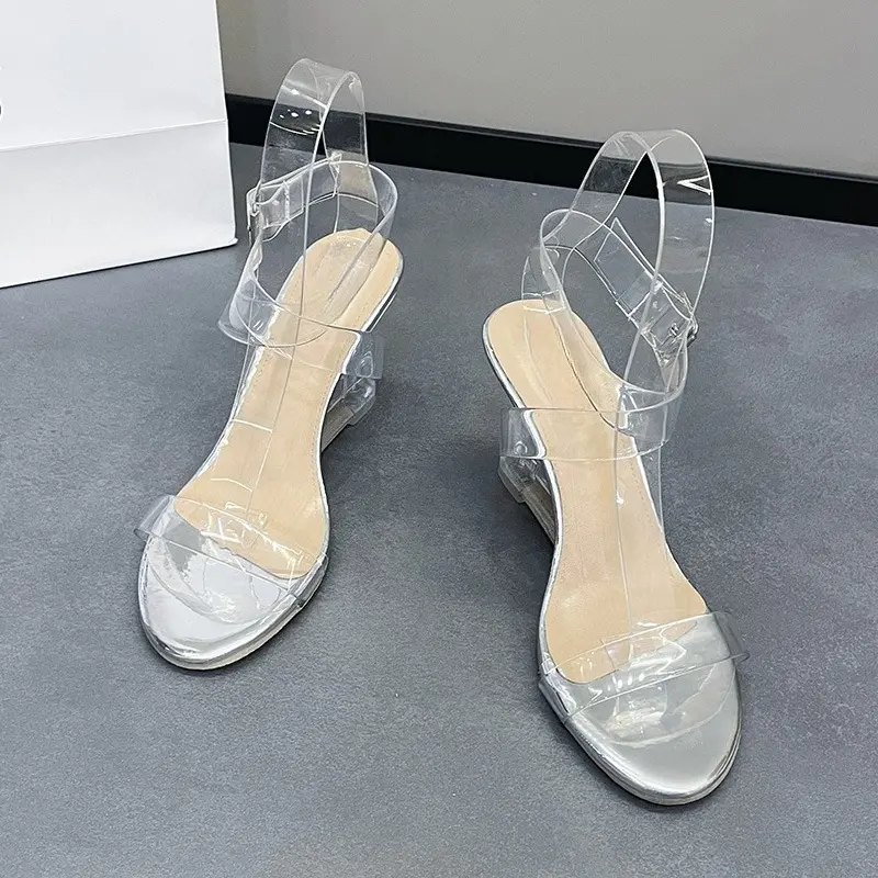 Summer Wedge Sandals Women's Fashion Round Toe Open Toe Metal Slip Strap Anti-Slip Wear-Resistant High Heels