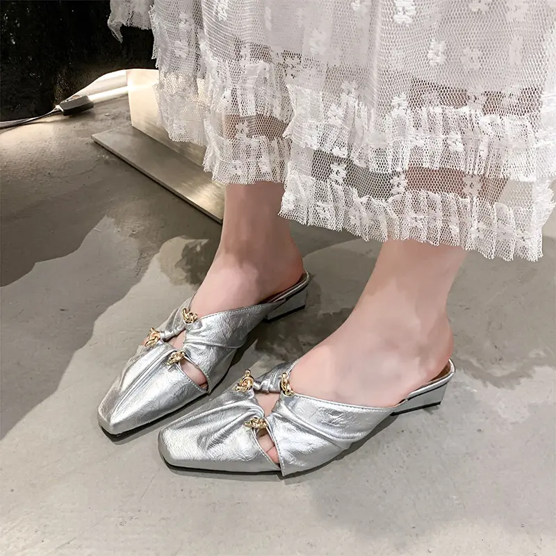 Square Toe Shallow Mouth Cutout Pleated Temperament Metal Slippers Summer New Baotou Pleated Low Heel Shoes