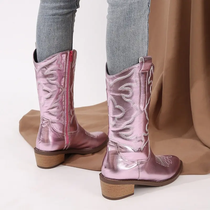 Women's Thick Heel Cotton Boots Winter New Point Side Zipper Embroidery Anti-slip and Wear-resistant High Boots