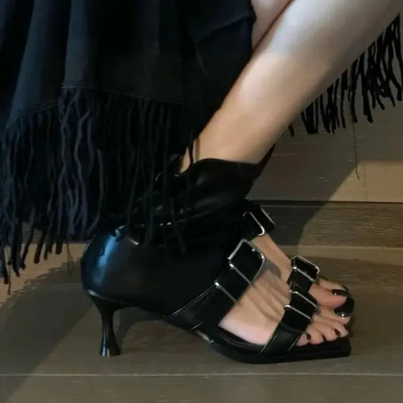 Summer New Square Toe Open Toe Metal Buckle Booties Women's Cutout Fish Mouth Stiletto Non-slip Women's Sandals