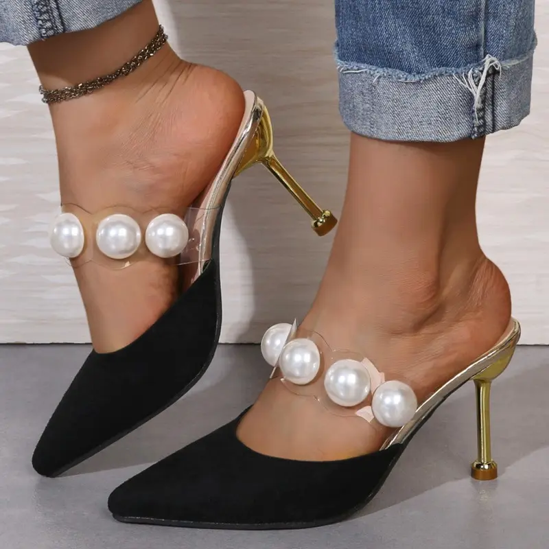 Women's Summer Outward Wear Pointed Toe Stiletto Slippers New Baotou Shallow Mouth Fashion Versatile Pearl High Heels