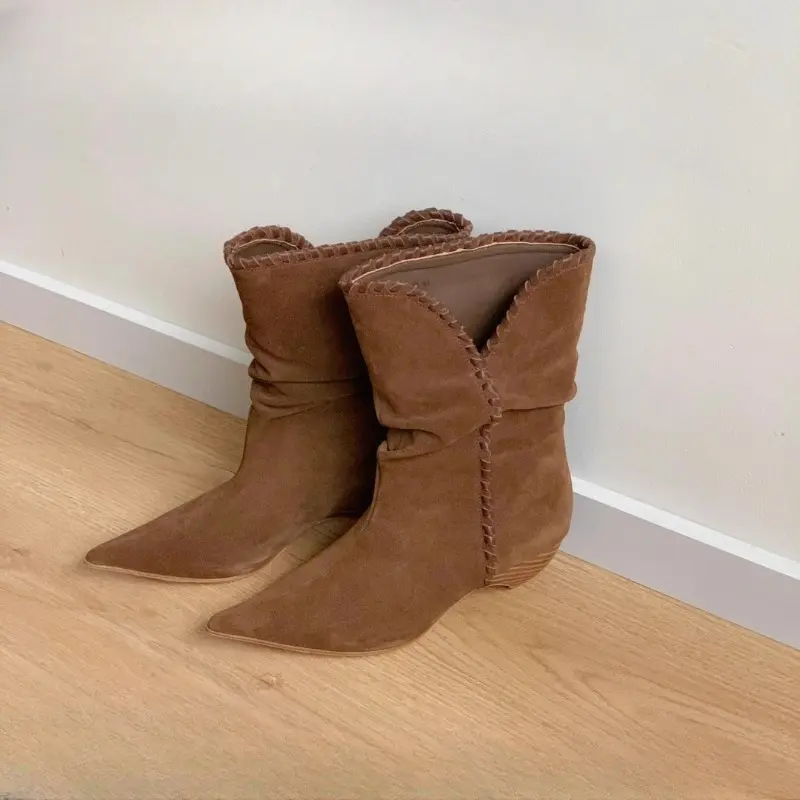 Autumn New Pointed Toe Suede Sleeve Anti-slip Wear-resistant Single Shoes Shaped Heel Mid-leg Boots