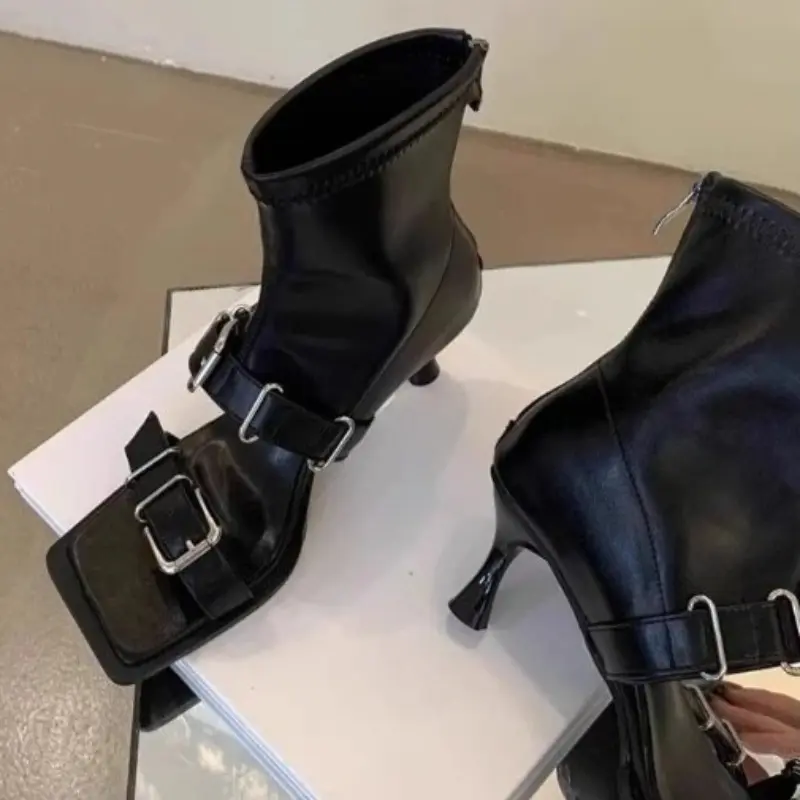 Summer New Square Toe Open Toe Metal Buckle Booties Women's Cutout Fish Mouth Stiletto Non-slip Women's Sandals