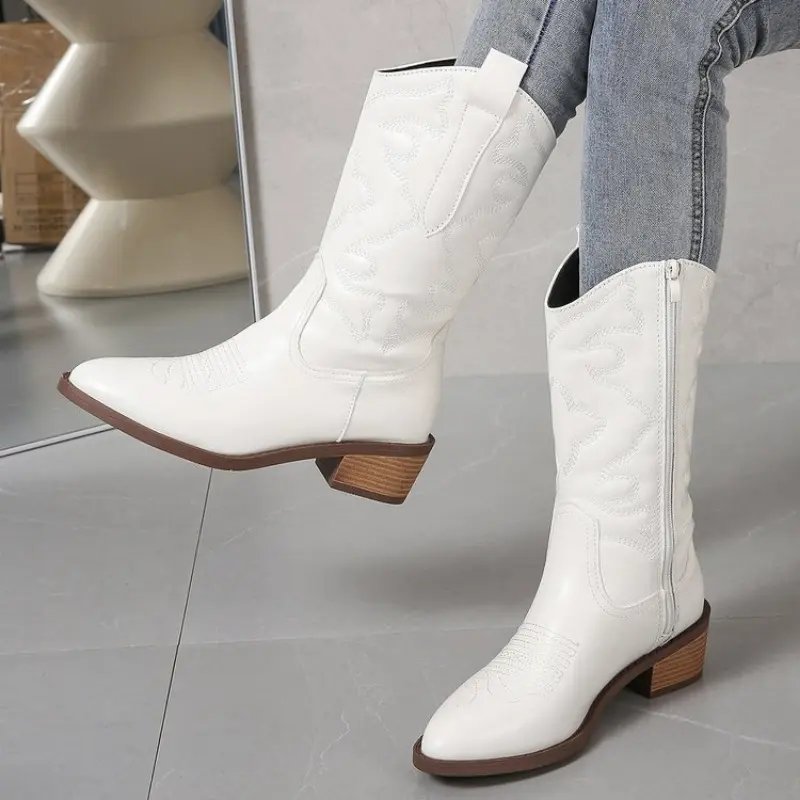 Women's Thick Heel Cotton Boots Winter New Point Side Zipper Embroidery Anti-slip and Wear-resistant High Boots